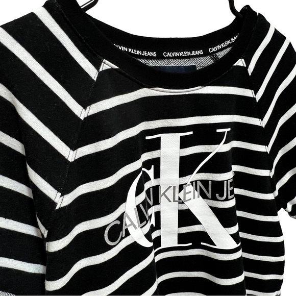 CALVIN Klein Black Striped Cotton Blend Boat Neck Short Sleeve Crop Top, Size M - Picture 8 of 12